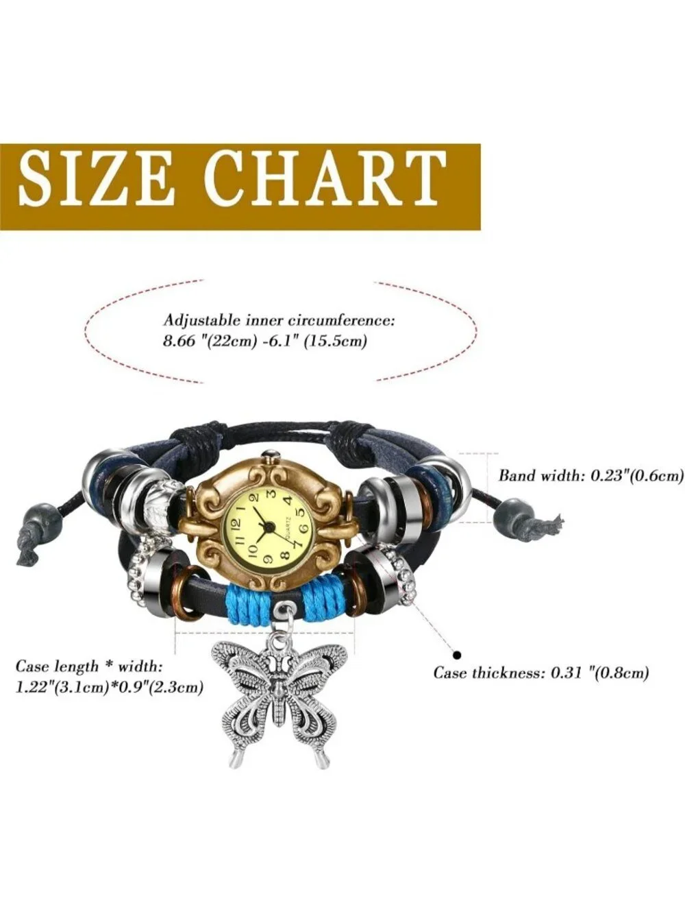 Women Black Blue Analog Butterfly Bracelet Weave Wrap Around Leather Wrist Watch